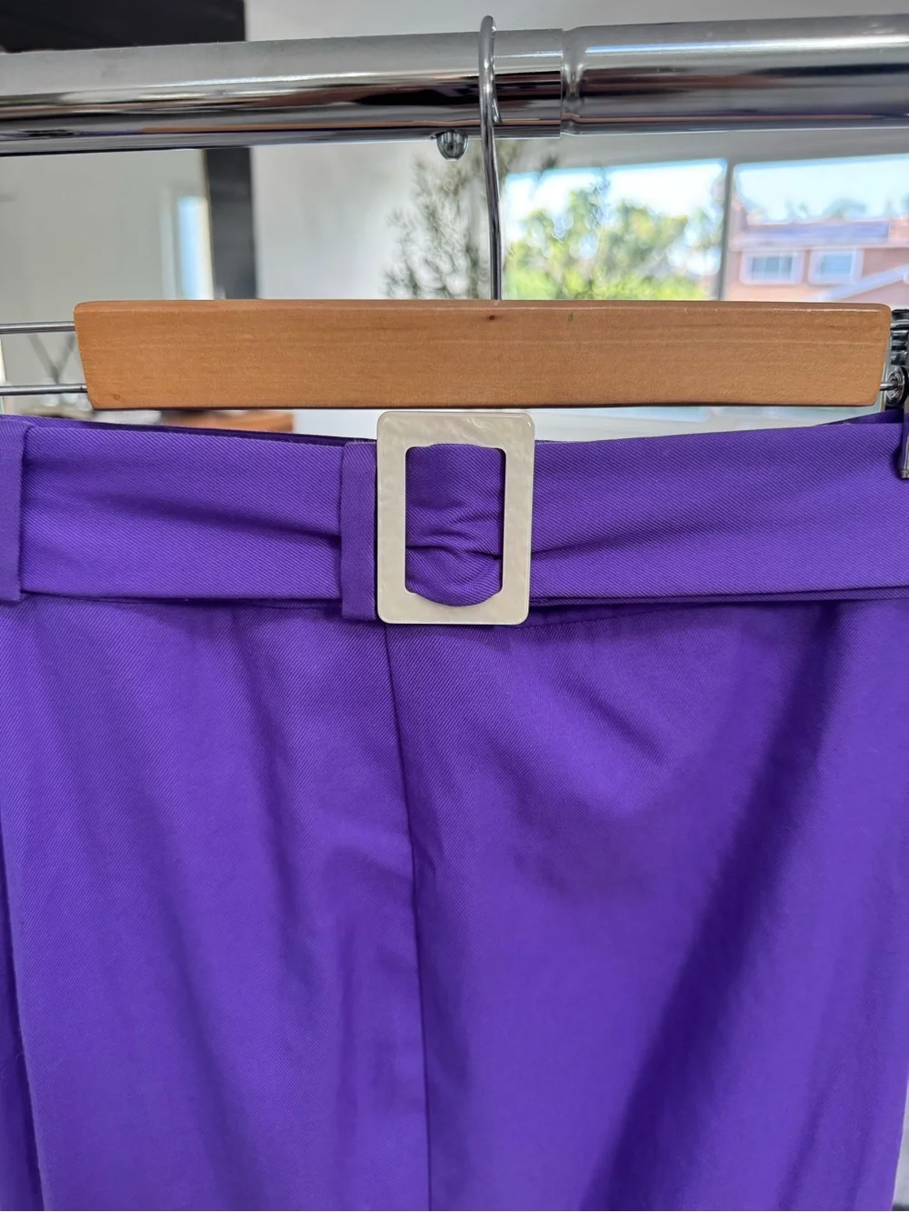 Uterqüe Violet Pencil Skirt with Fringe Hem and Belt